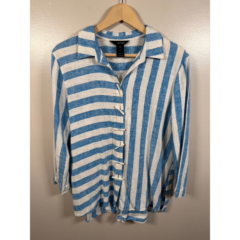 Ali Miles Button Up Tunic Size Medium Blue Stripes Linen Blend Toggle Buttons